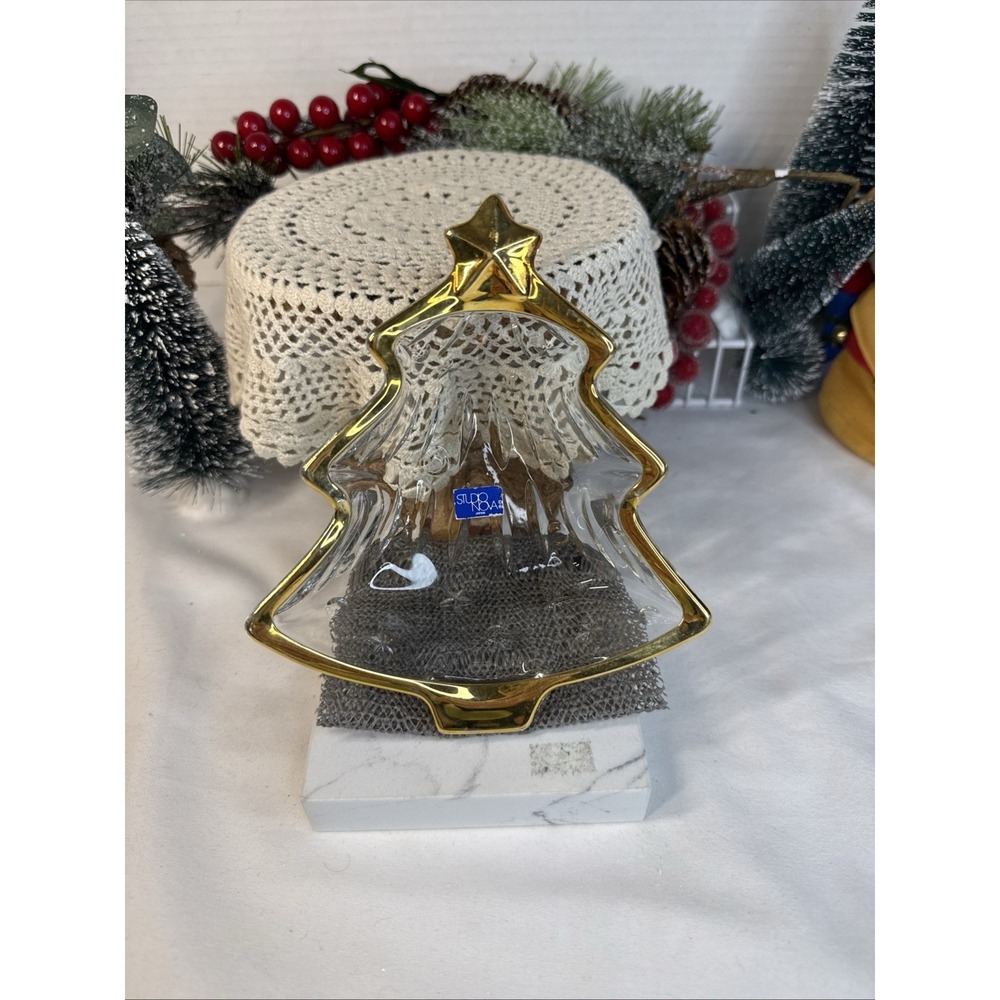 Christmas Tree Candy Dish Studio Nova Glass Clear Gold Trim Shaped Japan 6" Long